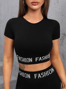 Yoga Trendy 無縫字母圖案短款運動T恤 - 黑色 - 查看 3