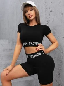 Yoga Trendy 無縫字母圖案短款運動T恤 - 黑色 - 查看 5