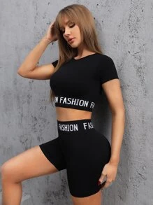 Yoga Trendy 無縫字母圖案短款運動T恤 - 黑色 - 查看 6