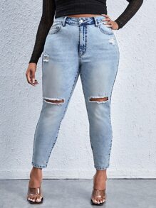 SHEIN SXY Plus High Waist Ripped Skinny Jeans - Light Wash - View 1