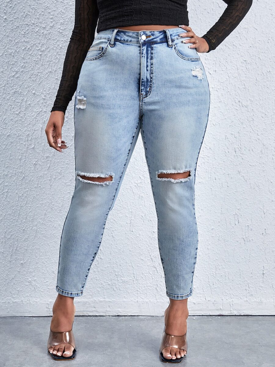 SHEIN SXY Plus High Waist Ripped Skinny Jeans - Light Wash - View 1