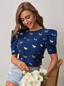 SHEIN VCAY Butterfly Print Tie Backless Puff Sleeve Blouse - Navy Blue - View 2