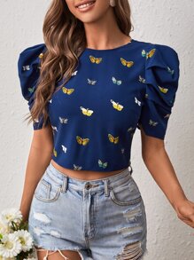 SHEIN VCAY Butterfly Print Tie Backless Puff Sleeve Blouse - Navy Blue - View 5