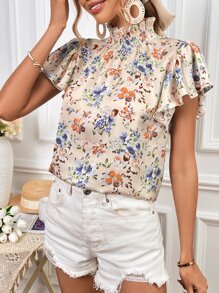 SHEIN Privé Floral Print Butterfly Sleeve Frill Neck Blouse - Multicolor - View 2