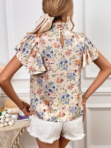 SHEIN Privé Floral Print Butterfly Sleeve Frill Neck Blouse - Multicolor - View 3