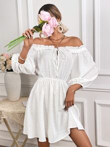 SHEIN VCAY Đầm viền lá sen Thắt nút Thắt nơ trước màu trơn Giải trí - trắng - Xem 2