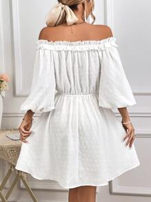 SHEIN VCAY Đầm viền lá sen Thắt nút Thắt nơ trước màu trơn Giải trí - trắng - Xem 3
