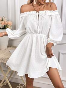 SHEIN VCAY Đầm viền lá sen Thắt nút Thắt nơ trước màu trơn Giải trí - trắng - Xem 4