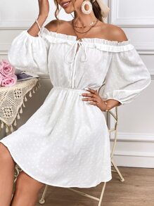 SHEIN VCAY Đầm viền lá sen Thắt nút Thắt nơ trước màu trơn Giải trí - trắng - Xem 5