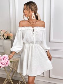 SHEIN VCAY Đầm viền lá sen Thắt nút Thắt nơ trước màu trơn Giải trí - trắng - Xem 1