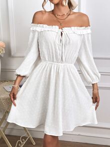 SHEIN VCAY Đầm viền lá sen Thắt nút Thắt nơ trước màu trơn Giải trí - trắng - Xem 6