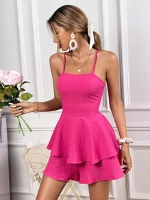SHEIN WYWH Tie Backless Two Layer Hem Cami Romper - Hot Pink - View 4