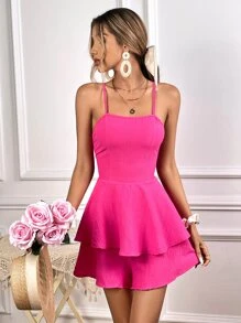 SHEIN WYWH Tie Backless Two Layer Hem Cami Romper - Hot Pink - View 7