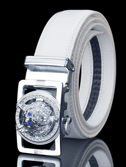 One Silver Wolf Head With Rhinestone Decoration White Men's Automatic Buckle Belt Party Summer, School Fall, Autumn, Halloween Autumn-Winter Accessories,Suitable For Teens, Youth,Men,Casual, Outdoor, Athletic, Vacation, Graduation Gifts, Birthday, Daily Wear