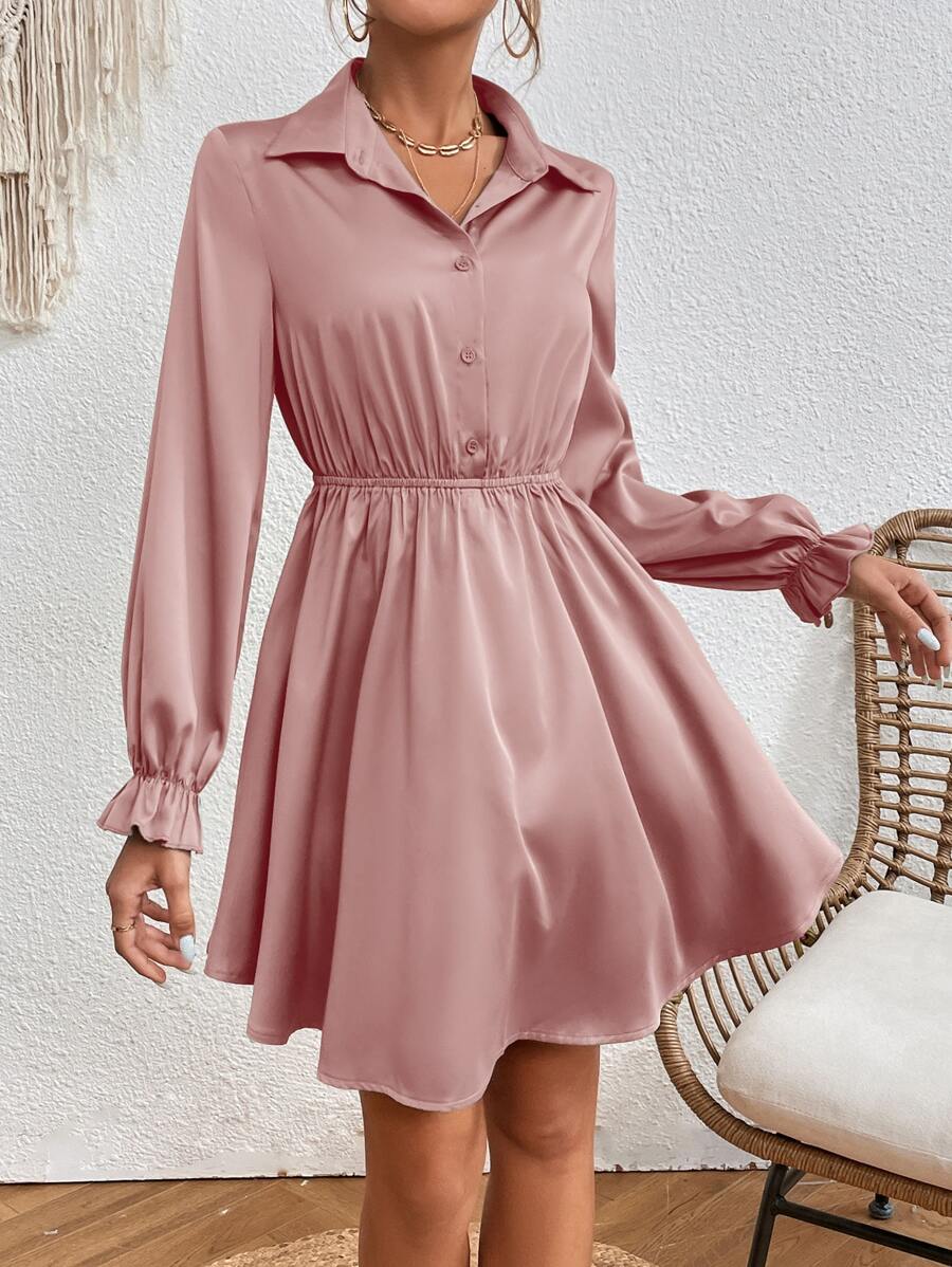 SHEIN Frenchy 荷葉袖半排扣襯衫連衣裙 - 粉色 - 查看 1