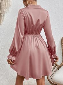 SHEIN Frenchy 荷葉袖半排扣襯衫連衣裙 - 粉色 - 查看 2