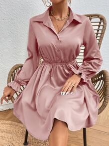 SHEIN Frenchy 荷葉袖半排扣襯衫連衣裙 - 粉色 - 查看 4