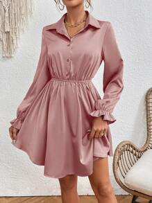 SHEIN Frenchy 荷葉袖半排扣襯衫連衣裙 - 粉色 - 查看 5