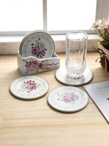 6pcs/set Flower Print Coaster & Rack,European Style Wood Insulation Pad & Rack For Home - Multicolor - View 1