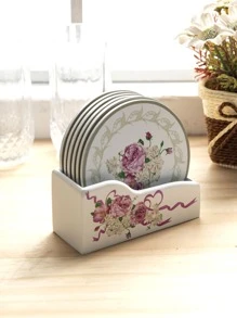 6pcs/set Flower Print Coaster & Rack,European Style Wood Insulation Pad & Rack For Home - Multicolor - View 2