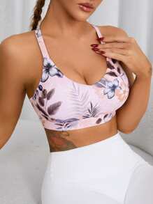 Easithlete Tropical Print Crisscross Backless Sports Bra - Multicolor - View 2