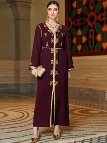 Al Najma Rhinestone Detail Contrast Trimmed Split Hem Belted Maxi Kaftan Dress - Maroon - View 1