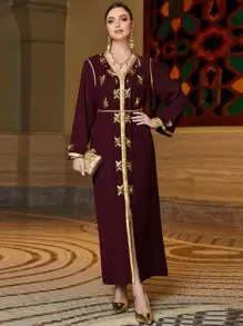 Al Najma Rhinestone Detail Contrast Trimmed Split Hem Belted Maxi Kaftan Dress - Maroon - View 3