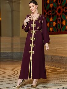 Al Najma Rhinestone Detail Contrast Trimmed Split Hem Belted Maxi Kaftan Dress - Maroon - View 4