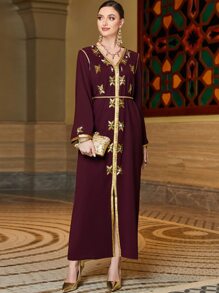 Al Najma Rhinestone Detail Contrast Trimmed Split Hem Belted Maxi Kaftan Dress - Maroon - View 5