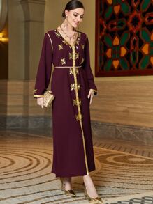 Al Najma Rhinestone Detail Contrast Trimmed Split Hem Belted Maxi Kaftan Dress - Maroon - View 7