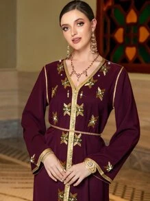 Al Najma Rhinestone Detail Contrast Trimmed Split Hem Belted Maxi Kaftan Dress - Maroon - View 8
