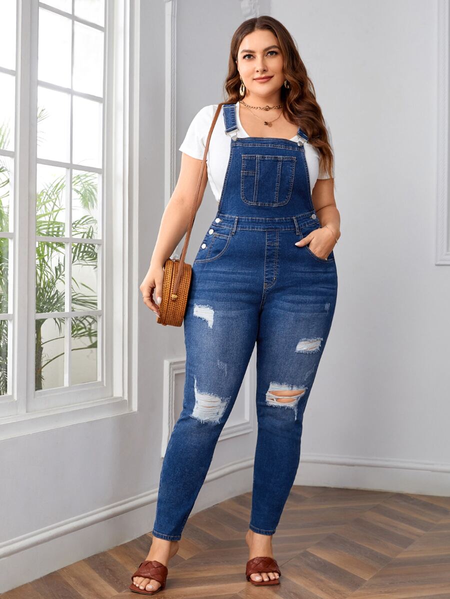 SHEIN Essnce Plus Patch Pocket Ripped Denim Dungarees Without Tee - Medium Wash - View 1
