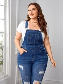 SHEIN Essnce Plus Patch Pocket Ripped Denim Dungarees Without Tee - Medium Wash - View 3