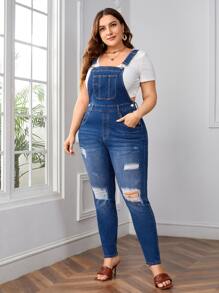 SHEIN Essnce Plus Patch Pocket Ripped Denim Dungarees Without Tee - Medium Wash - View 4