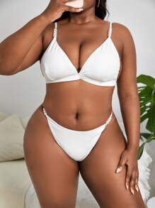 SHEIN Swim Curve 大尺碼純色三角比基尼套裝夏日海灘 - 白色 - 查看 1