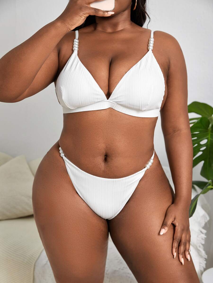 SHEIN Swim Curve 大尺碼純色三角比基尼套裝夏日海灘 - 白色 - 查看 1