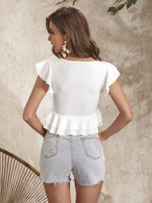 SHEIN VCAY Butterfly Sleeve Ruffle Hem Top - White - View 2