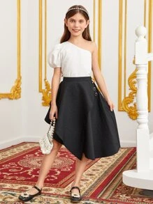 SHEIN Girls One Shoulder Puff Sleeve Top & Asymmetrical Hem Skirt