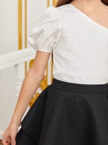 SHEIN Girls One Shoulder Puff Sleeve Top & Asymmetrical Hem Skirt