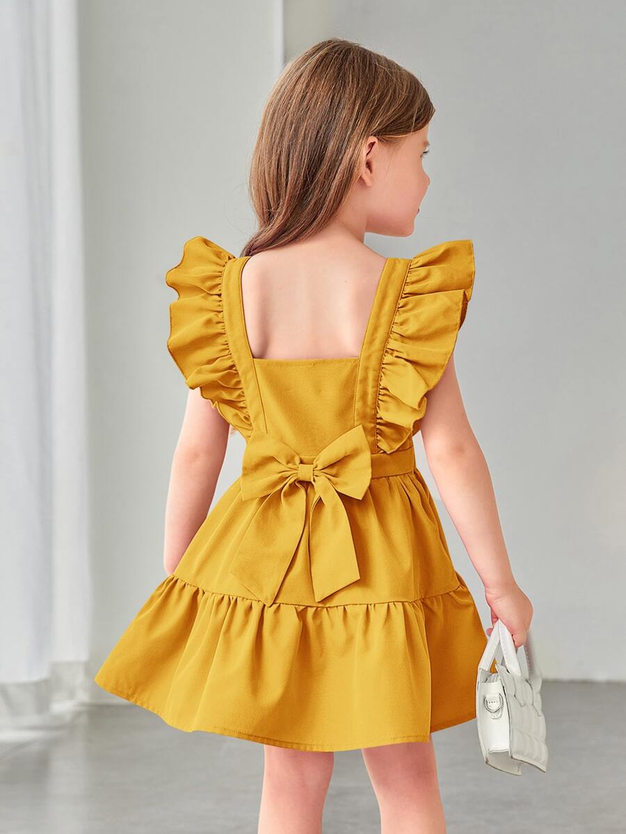 SHEIN Young Girl Bow Back Ruffle Trim Dress - Mustard Yellow - View 1