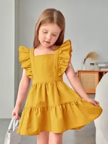 SHEIN Young Girl Bow Back Ruffle Trim Dress - Mustard Yellow - View 2