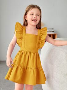 SHEIN Young Girl Bow Back Ruffle Trim Dress - Mustard Yellow - View 3