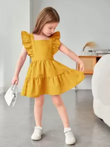 SHEIN Young Girl Bow Back Ruffle Trim Dress - Mustard Yellow - View 4