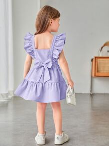 年輕女孩蝴蝶結背部荷葉邊裝飾連衣裙 - 紫丁香色 - 查看 6