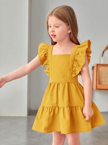 SHEIN Young Girl Bow Back Ruffle Trim Dress - Mustard Yellow - View 5
