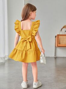 SHEIN Young Girl Bow Back Ruffle Trim Dress - Mustard Yellow - View 6
