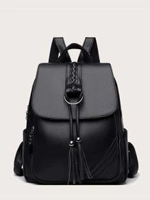 Lightweight,Anti Theft Tassel Decor Flap Backpack New-Design Women's Backpack Large Capacity School Bag Quality PU Leather Ladies Trave - Black - View 1