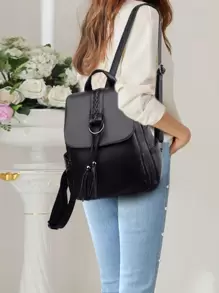 Lightweight,Anti Theft Tassel Decor Flap Backpack New-Design Women's Backpack Large Capacity School Bag Quality PU Leather Ladies Trave - Black - View 4