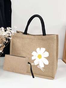 Daisy Floral Print Bag, Women's Stylish Canvas Tote With Zipper For ShoppingSchool Bag,Large Capacity,Portable, Suitable For Teen Girls Women College Students,White-Collar WorkersOffice,Middle School, High School,College,Vacation,Beach - Khaki - View 1