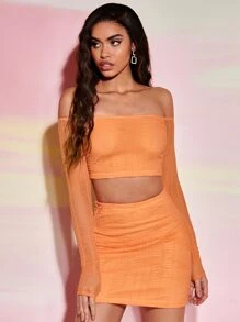 SHEIN BAE Off Shoulder Crop Top & Bodycon Skirt - Orange - View 1
